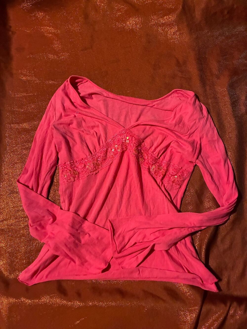 Womens Long Sleeve Top Pink Lace Sequin Trim V Neck Lightweight Stretchy Casual